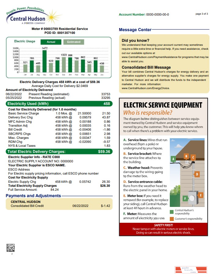 USA New York Central Hudson A fortis company utility bill, Word and PDF template, 3 pages 3